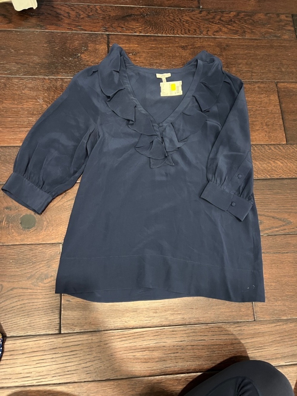 Joie Navy Ruffle V-Neck Silk Blouse